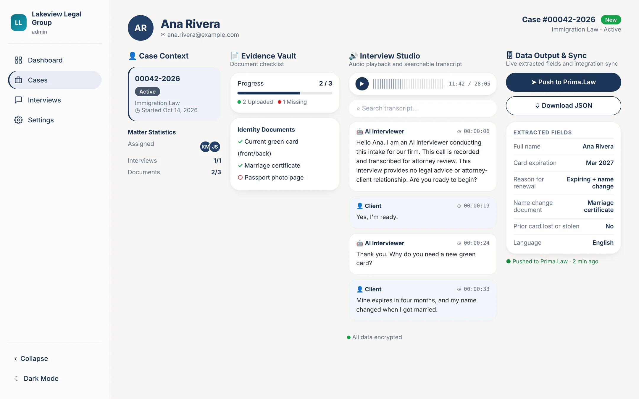 Truly case view with document checklist, transcript and extracted fields (sample data)
