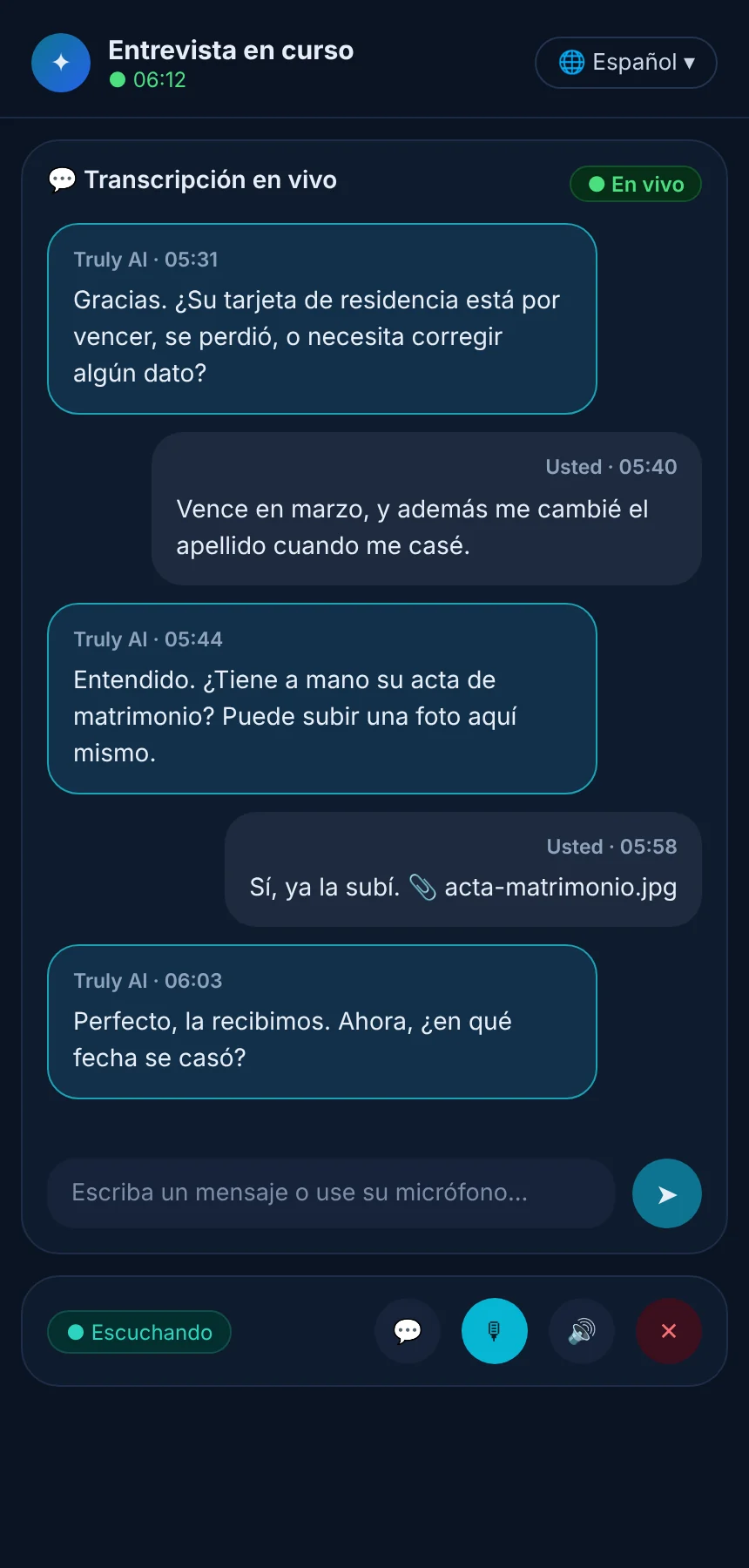 A client taking a Truly interview in Spanish on a phone (sample data)