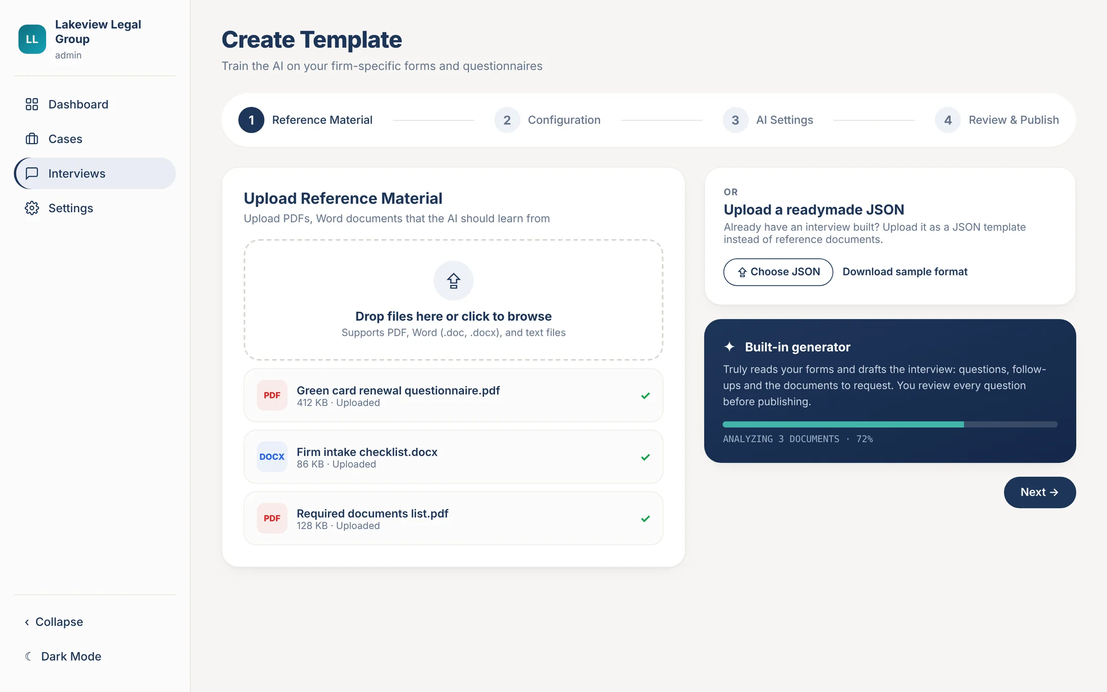 Creating an interview template in Truly from uploaded forms or a JSON file (sample data)