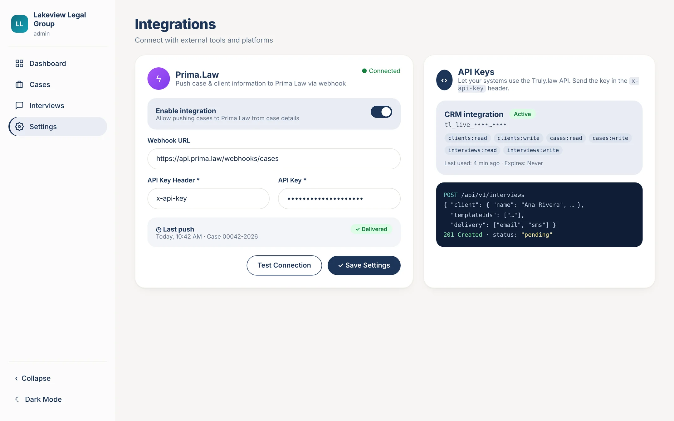 Truly integrations: Prima.Law webhook and API keys (sample data)