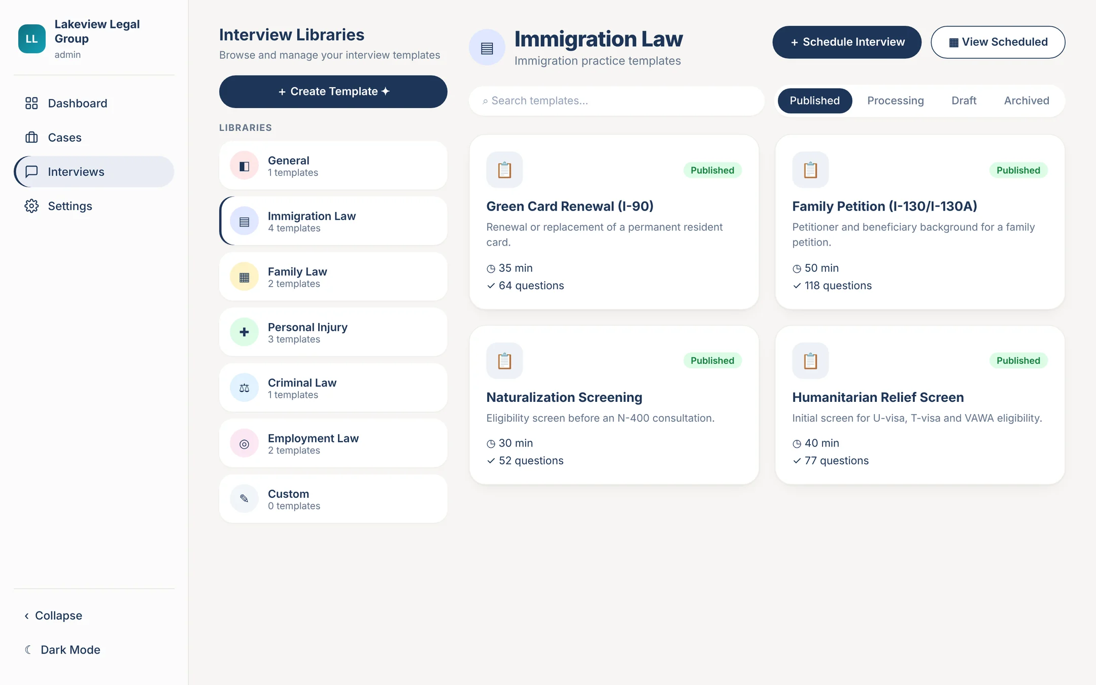 Truly interview library organized by practice area (sample data)