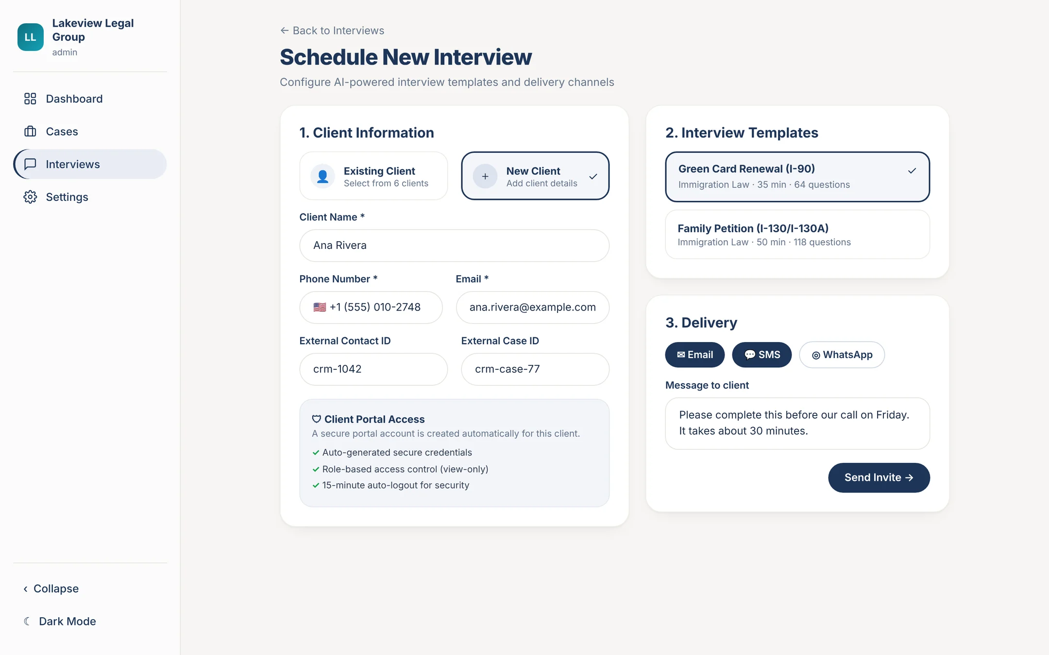 Scheduling a new client interview in Truly with email and SMS delivery (sample data)